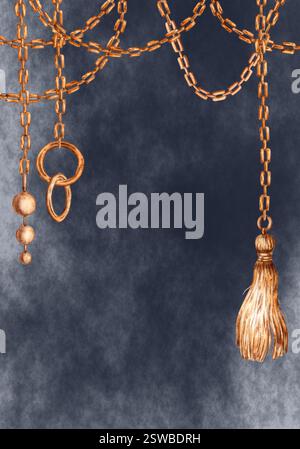Goldene Ketten, hängende Streifen, Ringe, Quaste auf einer blauen Hintergrund Aquarellillustration. Neujahr, weihnachtliches vertikales Muster. Banner, Rahmen, Rahmen. Stockfoto