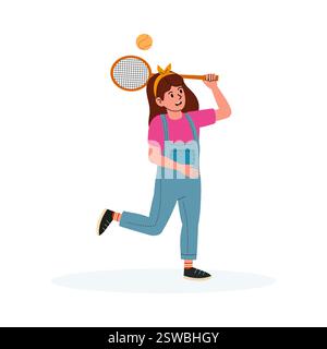Mädchen spielt Tennis mit Schläger und Ball in fröhlicher Haltung draußen Stock Vektor
