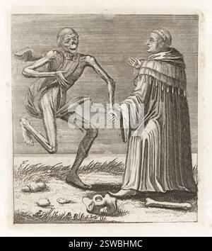 Leiche des Todes mit dem Kanon. Skelettfigur im langen Tuch, die die Hand des Klerikers greift. Der Kanon mit tonsicherer, mit Fell gefütterter Cassocke. Femur, Becken und Knochen auf dem Boden. Kupferstich von Jacques-Antony Chovin nach einer Illustration von Matthaus Merian aus Todtentanz der Stadt Basel: Der Tanz des Todes in Basel, La Danse des Morts a Bale, Basel, Schweiz, 1744. Stockfoto