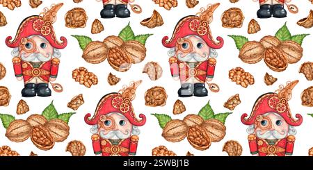 Nussknacker Walnüsse und Muschelaquarell Illustration im Steampunk Stil, Spielzeugsoldat handgezeichnet. Weihnachten, Silvester nahtloses Muster isoliert von BA Stockfoto