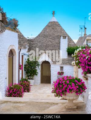 Bezaubernde Trullihäuser mit leuchtenden Blumen in Apulien, Italien an einem sonnigen Tag Stockfoto