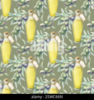 Olivenöl in Glasflasche mit Etikett und Kork. Olivenzweige mit grünen und schwarzen Oliven. Aquarellisoliertes nahtloses Muster auf dunkler olivfarbener Farbe. Handgezeichnete Illustration für Textil, Verpackung. Stockfoto