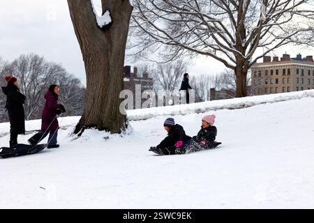 Kinder fahren auf dem Boston Commons, Schlitten auf dem Flagstaff Hill, Boston, Massachusetts Stockfoto