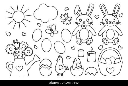 Line-Art-Set für Ostern mit Hasen, Eiern, Küken, Blumen und saisonalen Elementen. Schwarzweiß-Konturvektorsatz zum Ausmalen von Seiten, Ausdrucken und digitalen Designs Stock Vektor