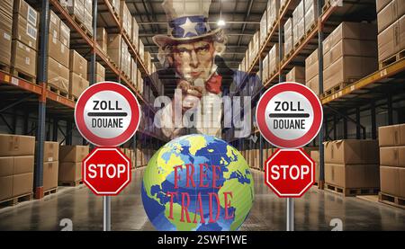 Symbolisches Image, EU, Deutschland und Weltwirtschaft unter Druck von USA-Donald Trump, Zolldrohungen, Elon Musk, Mark Zuckerberg, soziale Netzwerke, gefälscht Stockfoto