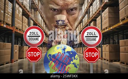 Symbolisches Image, EU, Deutschland und Weltwirtschaft unter Druck von USA-Donald Trump, Zolldrohungen, Elon Musk, Mark Zuckerberg, soziale Netzwerke, gefälscht Stockfoto