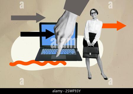 3D Collage Poster Vorlage Trend Artwork Skizze der Personalabteilung Personalverantwortliche junge Dame Lächeln Finger Touch Laptop Stockfoto