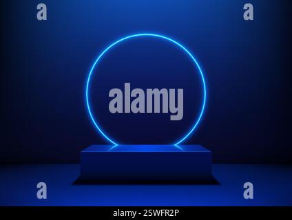 Ein leuchtender neonblauer Kreis schwebt hinter einer dunklen 3D-Plattform und schafft ein futuristisches und minimalistisches Technologiekonzept, das perfekt für modernes, digitales Design geeignet ist Stock Vektor