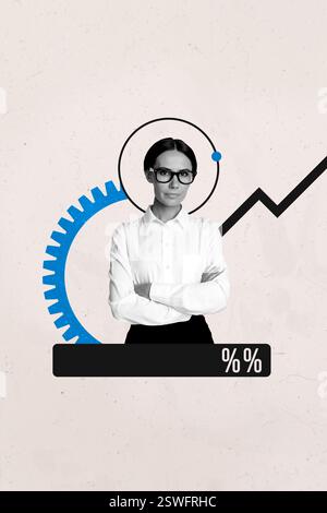 Kreative 3D-Fotocollage Trend-Artwork-Vorlage des Unternehmers Human Resources Personalmanager junge Frau formalwear Stand Zahnrad Stockfoto