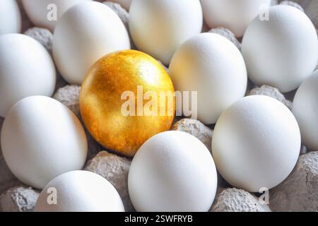 Goldenes Ei unter Weißen Hühnereiern im Karton. Stockfoto