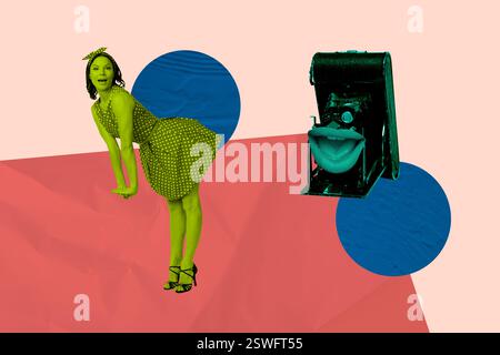 Skizzenbild Trend Grafik Montage 3D Foto Collage von Kameraaufnahmen veraltete Technologie Mund Lippen Fokus junge Dame Pinup Stil Posen Stockfoto