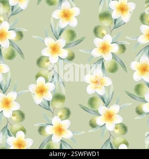Olivenzweige mit Blättern, Früchten und Plumeria-Blüten nahtloses Muster auf hellem olivfarbenem Muster. Handgezeichnete botanische Aquarellillustration mit grünen Oliven und Frangipani für Verpackung, Stoffe. Stockfoto