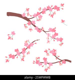Sakura-Symbol des Frühlings. Hochzeitshintergrund. Japanische Vektor-Illustration im Anime-Stil. Kirschblütenzweig isoliert auf weißem Hintergrund. Clipart für Einladungen. Stock Vektor