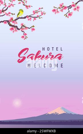 Design-Banner für Hotels und Restaurants. Realistische Grafiken der japanischen Nachtigall und Sakura auf einem Hintergrund von Fuji. Uguisu auf einem Zweig blühender Kirschen. Fudjiyama in der Sonne. Stock Vektor