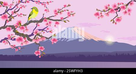 Realistische Grafiken von Uguisu und Sakura auf einem Hintergrund von Fuji. Japanische Nachtigall auf einem Zweig blühender Kirschen. Vektorillustration von Bush Wabler. Fudjiyama in der Sonne. Stock Vektor