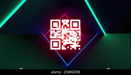 Bild des qr-Codes und der Leuchtspuren von Neonlicht Stockfoto