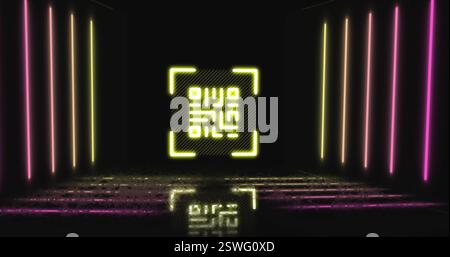 Bild des qr-Codes und der Leuchtspuren von Neonlicht Stockfoto