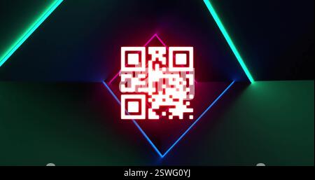 Bild des qr-Codes und der Leuchtspuren von Neonlicht Stockfoto