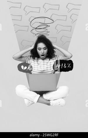 Foto-kreative Collage Bild von verängstigtem, nervösem Mädchen Lesen schlechter Kommentare isoliert auf gemaltem Hintergrund Stockfoto