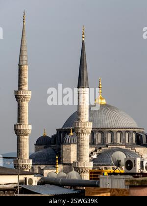 Eine Moschee aus nächster Nähe mit zwei hohen Minaretten und einer großen Kuppel mit einem goldenen Halbmond auf der Spitze. Die architektonischen Details zeigen komplizierte e Stockfoto