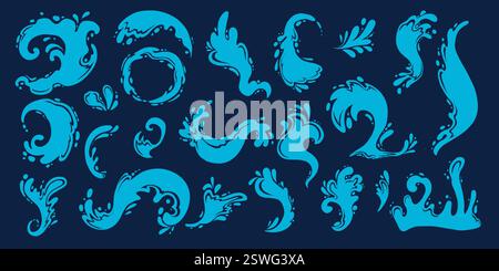 Wasser spritzt Silhouetten. Zeichentrickfilm flüssiges Wasser Tropfen, Ströme und Wellen, schwarze Aqua spritzt flache Vektor Illustration Set. Silhouetten mit Wasserspritzern auf Stock Vektor