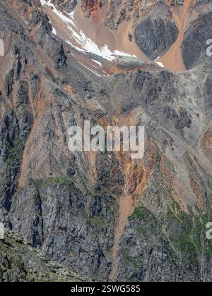 Die Beschaffenheit der Berge. Gletscher schmelzen, Wasser fließt ins Tal. Malerische Hochlandlandschaft mit Bergfluss im Tal A Stockfoto