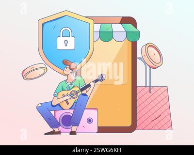 Online-Shopping Zahlung Sicherheit Zeichen flach Vektor Konzept Operation Hand gezeichnete Illustration Stock Vektor