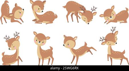 Süßes Hirsch. Cartoon-Hirsche spielen Laufen und schlafen. Niedliche Waldtiere in verschiedenen Stellungen, Ruhe und Aktivität. Kindliche Charaktere, lustiger Vektor heutzutage Stock Vektor