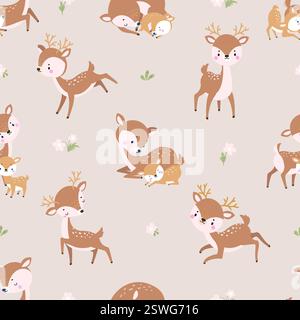 Nahtloses Hirschmuster. Waldwild, Mutter- und Babytiere. Zeichentrickmuster für Stofftapeten. Der heutige Vektor der Natur Stock Vektor