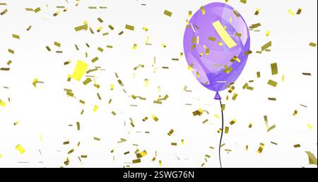 Bild von goldenem Konfetti, das über lila Partyballon auf weißem Hintergrund fällt Stockfoto