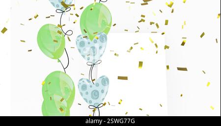 Bild von goldenem Konfetti, das mit grünen und blauen Partyballons über weißem Rechteck auf Grau fällt Stockfoto