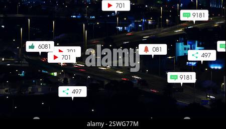 Bild von Social-Media-Ikonen mit Zahlen über Autos auf der Straße Stockfoto