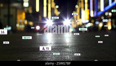 Bild von Social-Media-Ikonen mit Zahlen über Autos auf der Straße Stockfoto