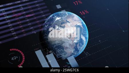 Bild der Datenverarbeitung und Diagramme über den Globus Stockfoto