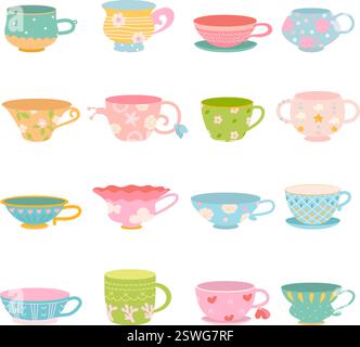 Verschiedene Cartoon-Becher. Niedliche Teetasse mit niedlichem Mädchendesign. Plastikgeschirr für Mädchen, Tasse mit Dekorationen und Drucken. Märchenbecher Stock Vektor