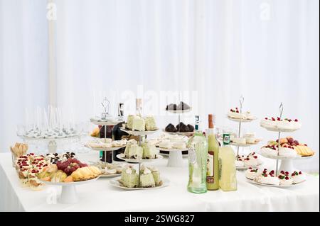 Elegantes Dessertbuffet mit Gebäck, Kuchen und Obstplatten. Perfekt für Hochzeiten oder besondere Veranstaltungen. Stockfoto