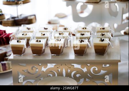Mehrlagige Desserts in einzelnen Tassen bei einer Veranstaltung mit Catering. Köstliche Mousse-Tassen mit Schokolade und Vanille. Stockfoto