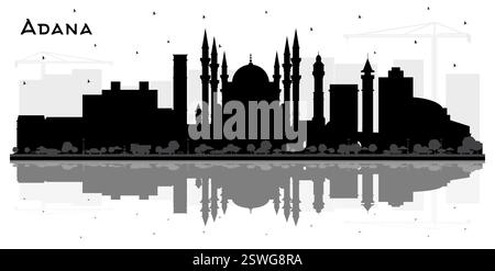 Adana Türkei City Skyline Silhouette mit schwarzen Gebäuden und Reflexionen isoliert auf weiß. Vektorabbildung. Stock Vektor