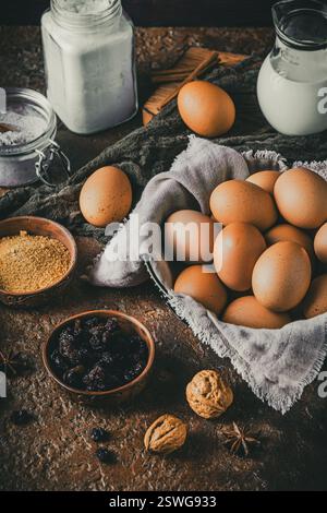 Verschiedene Backzutaten auf rustikalem Bronzetisch. Vorbereitung für das Backen zu Hause. Vertikal. Stockfoto