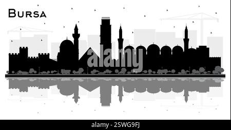 Skyline von Bursa Türkei City Silhouette mit schwarzen Gebäuden und Reflexionen isoliert auf weiß. Vektorabbildung. Stock Vektor