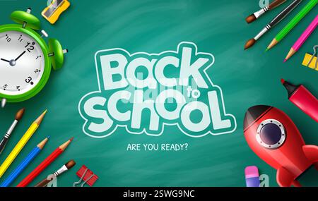 Hintergrund-Design für die Back-to-School-Bildung. Zurück zur Schule Text in Kreidetafel mit kreativen Werkzeugen wie Farbstift, Pinsel und Rakete Stock Vektor