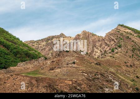 Zerklüfteter Felskamm, bedeckt mit kargem Wald vor einem blauen Himmel. Minimalistische, stimmungsvolle Landschaft mit felsiger Bergwand wi Stockfoto