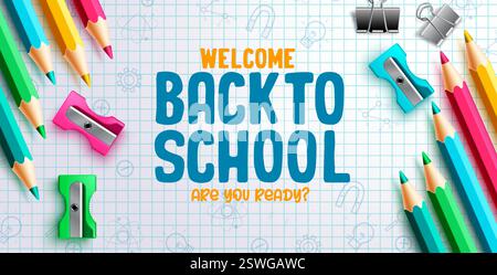 Back-to-School-Vektor-Hintergrunddesign. Schultext mit Farbstift und Bildmaterial im Rastermuster für Schulartikel Stock Vektor