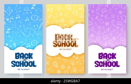 Back-to-School-Vektor-Poster-Set-Design. Zurück zur Schule Text in Wolke abstrakte Vorlage mit Doodle Zeichnung Muster Dekoration für Bildung Stock Vektor