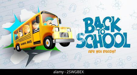 Back to School Education Vektor Design. Zurück zur Schule Text mit Schülerfiguren, die im Schulbus in Papier-Kritzelhintergrund fahren Stock Vektor