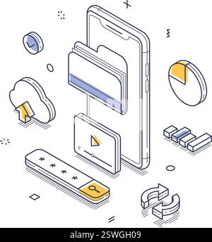 Mobiles Gerät, umgeben von Symbolen, Diagrammen und Grafiken für die digitale Datenverwaltung und -Zugänglichkeit. Modernes Line Art-Isometer Stock Vektor