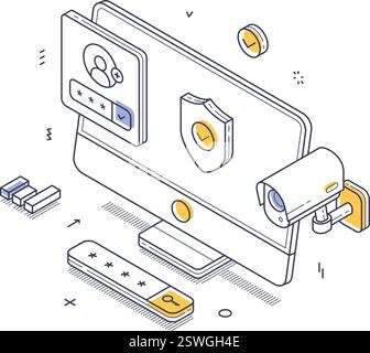 Digitales Sicherheitskonzept mit einem Computermonitor, auf dem Elemente für die Benutzeranmeldung, eine Kamera für die Überwachung und Sicherheitssymbole angezeigt werden. Es vermittelt einen Fokus auf cy Stock Vektor