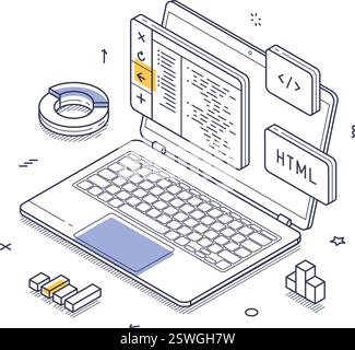 Laptop zeigt HTML-Code, während verschiedene Designelemente wie Diagramme und Symbole ihn umgeben und einen digitalen Arbeitsbereich darstellen, der sich auf Codierung und Entwicklung konzentriert Stock Vektor