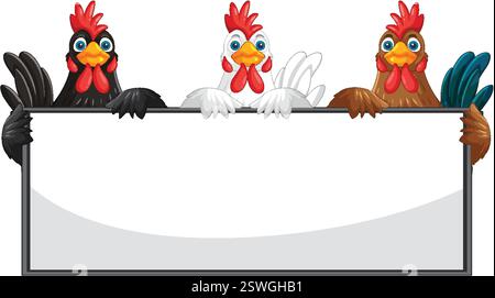 Drei Hühner mit einem leeren rechteckigen Schild Stock Vektor