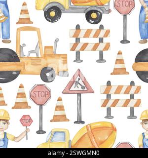 Aquarellfarben Straßenschilder und Straßenfahrzeuge nahtlose Muster, Straßenarbeiter wiederholtes Papier, Scrapbooking Stockfoto